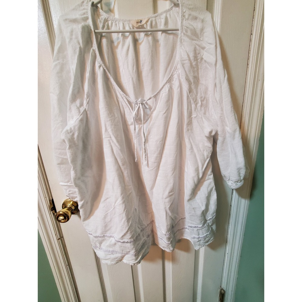 Terra & Sky Womens White Peasant Blouse Tie Front Ladder Stitch Top 4X Plus Size